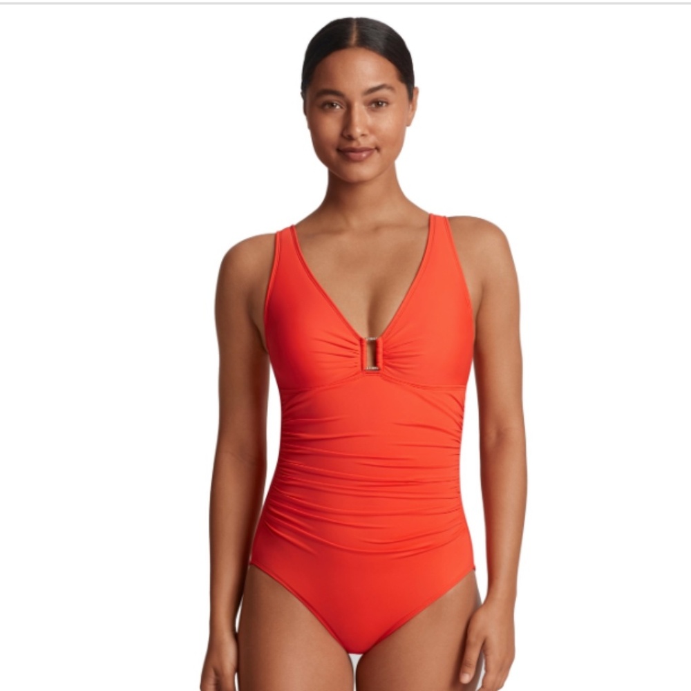 Ralph Lauren Ring Over the Shoulder Tummy Control One Piece Swimsuit - Persimmon